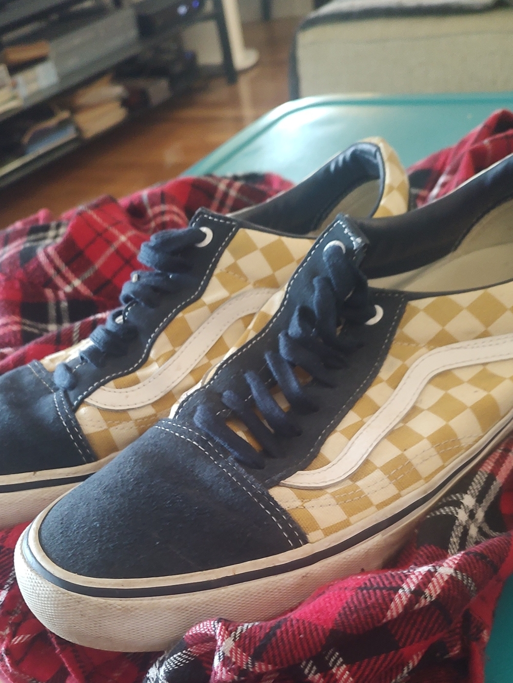 Vans Men’s Checkerboard Low-Top Sneakers in Navy and Yellow